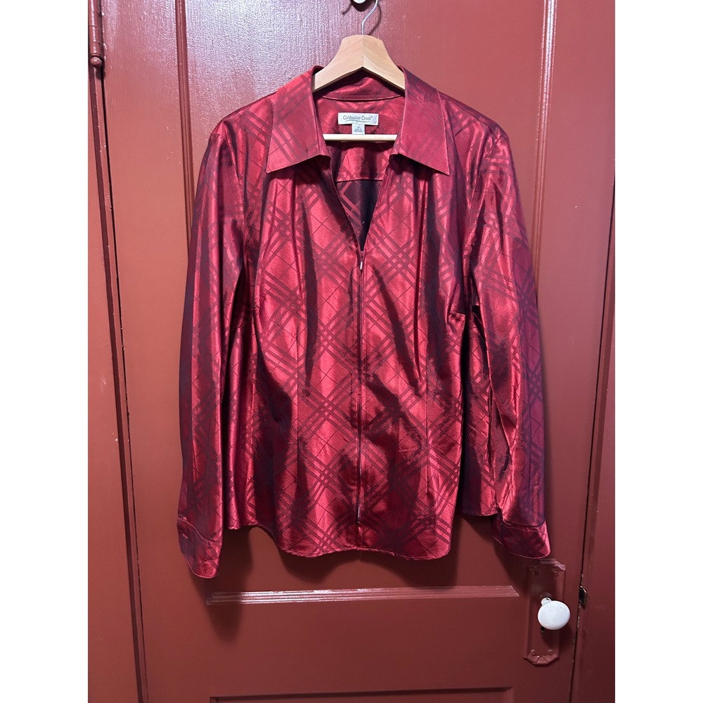 Coldwater Creek Red Plaid Zip Front Blouse Shacket Plus Size 1X Long Sleeve - Picture 2 of 7
